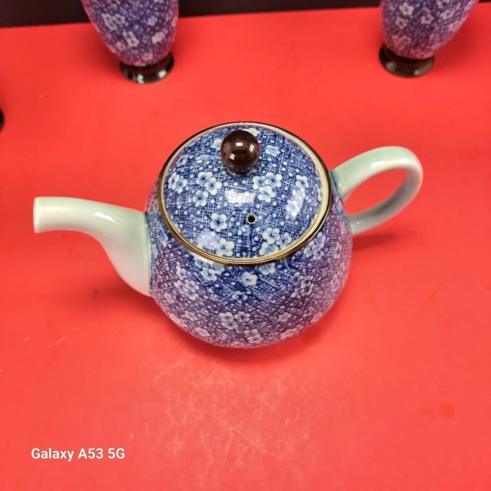 Vintage‎ Tachikichi Japanese Tea Set 6 Pc Blue Calico Floral Teapot Cups EX